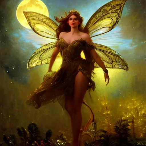 Image similar to attractive fairy magically floating high in the night, fantasy, full moon in background. highly detailed painting by gaston bussiere, craig mullins, j. c. leyendecker, mid shot, 8 k realistic, cryengine, frostbite 3 engine, sharp focus