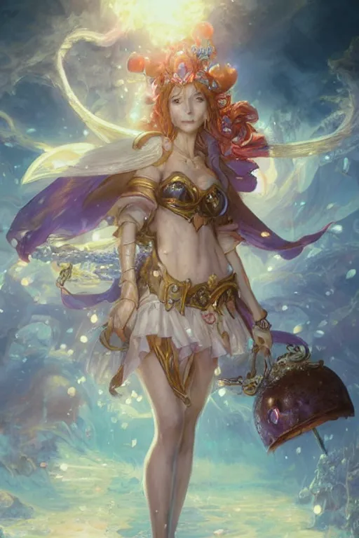 Image similar to lisa kudrow as anime girl, mushroom kingdom, fantasy character portrait, concept art, sorceress, magical aura, bright, interesting angle, intricate details, highly detailed by greg rutkowski, gaston bussiere, simon bisley