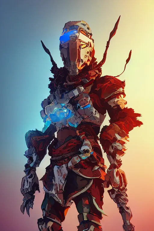 Image similar to combination suit armor aloy horizon forbidden west horizon zero dawn radiating a glowing aura global illumination ray tracing hdr fanart arstation by ian pesty and alena aenami artworks in 4 k tribal robot ninja mask helmet backpack