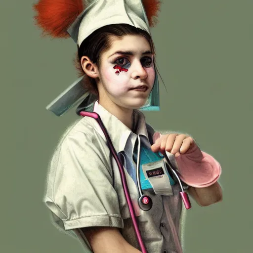 Image similar to clowncore pastel punk young hospital nurse wearing stylish uniform. detailed, portrait, 8 k, artwork by jean - baptiste monge