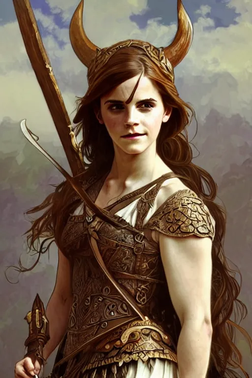 Image similar to Emma Watson as an Viking warrior, fantasy, intricate, elegant, highly detailed, digital painting, artstation, concept art, smooth, sharp focus, illustration, art by alphonse mucha