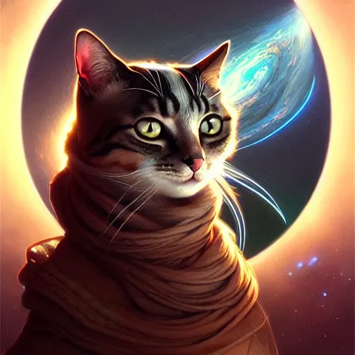 Prompt: Portrait of cat in space, D&D, dark fantasy, intricate, elegant, highly detailed, digital painting, artstation, concept art, smooth, sharp focus, illustration, art by artgerm and greg rutkowski and alphonse mucha