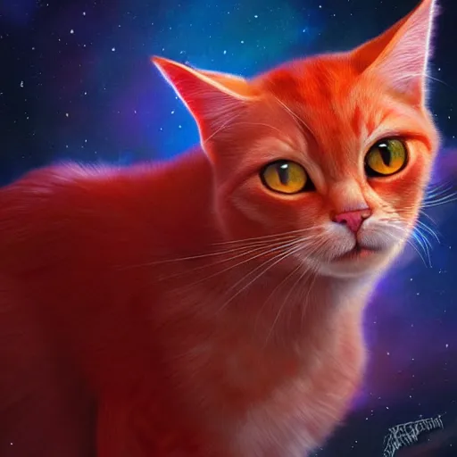 Image similar to portrait of a beautiful red cat celestial background, fantasy, highly detailed, cinematic lighting, digital art painting by artgem and greg rutkowsk, trending on artstation, very very beautiful, very attractive