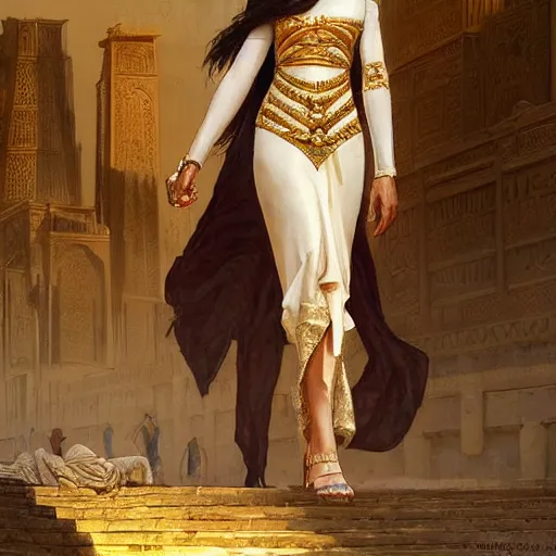 Prompt: A high class elite well dressed sumerian woman in a major Mesopotamian city, highly detailed, digital painting, artstation, concept art, sharp focus, illustration, cinematic lighting, art by artgerm and greg rutkowski and alphonse mucha