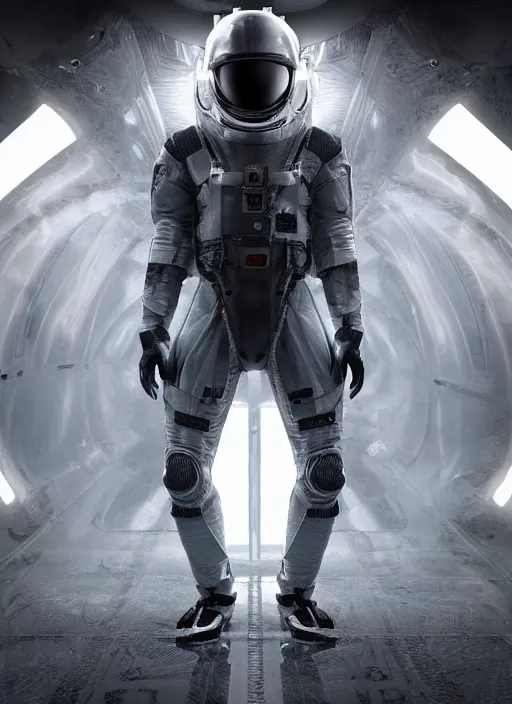 Image similar to symmetry concept art by craig mullins astronaut in futuristic dark and empty spaceship underwater. infrared glowing lights. complex and hyperdetailed technical suit. reflection and dispersion materials. rays and dispersion of light. volumetric light. 5 0 mm, f / 3 2. noise film photo. flash photography. unreal engine 4, octane render. interstellar movie art