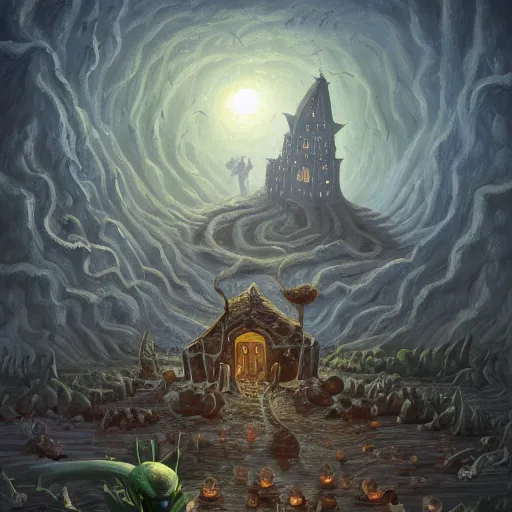 Image similar to a village built on the god of nyarlathotep, toad - like creatures that seemed to change their shape and appearance constantly, and from which emanated, in some way that i am unable to distinguish, a horrible hooting, a kind of flute. oil painting, digital art, ultradetailed, artstation