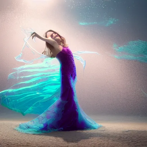 Prompt: a beautiful woman with long hair dancing underwater wearing a very long flowing dress made of many translucent layers of silver and blue and magenta lace seaweed, caustics lighting from above shines on the sandy bottom, bubbles flicker in a background with translucent flowing shapes, octane render, cinematic, hyperdetailed