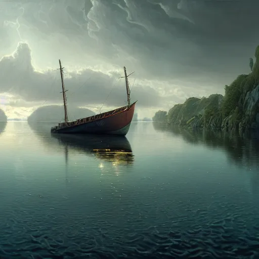 Image similar to a painting of a boat in the water, a detailed matte painting by jarosław jasnikowski, cgsociety, photorealism, matte painting, terragen, vray