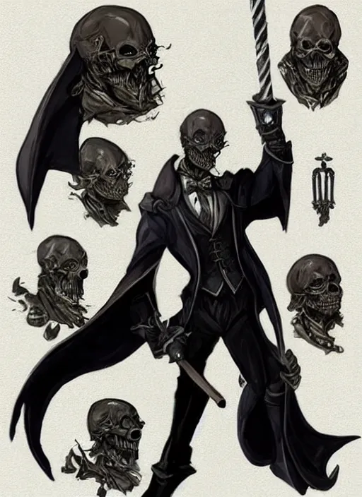 Prompt: DND character art, skeletal male figure, wearing a deep black suit!!! and tie and top hat, holding a gold! cane!. blue!!! flames!!