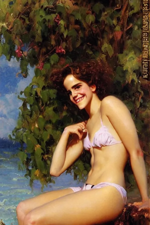 Image similar to emma watson smiling swimsuit wet dripping curly hair painting by gaston bussiere craig mullins j. c. leyendecker