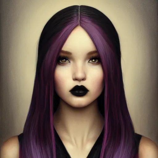 Prompt: tom bagshaw, very beautiful genetic mix of dove cameron madison beer bella poarch in a goddess dress, randomly lustrous colored hair, thin gothic makeup, professionally retouched, focus eyes, ultra realistic soft painting, insanely detailed linework, symmetrical accurate intricate features, behance artstation, 8 k