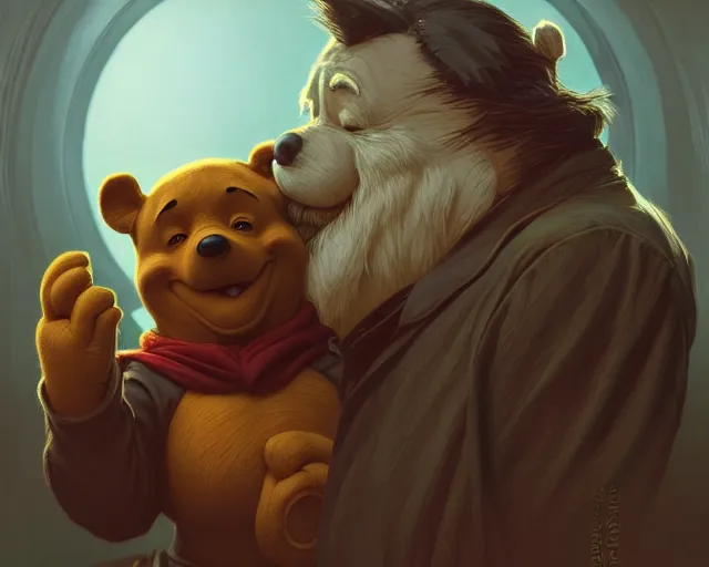 Image similar to winnie the pooh as john wick, deep focus, d & d, fantasy, intricate, elegant, highly detailed, digital painting, artstation, concept art, matte, sharp focus, illustration, hearthstone, art by artgerm and greg rutkowski and alphonse mucha