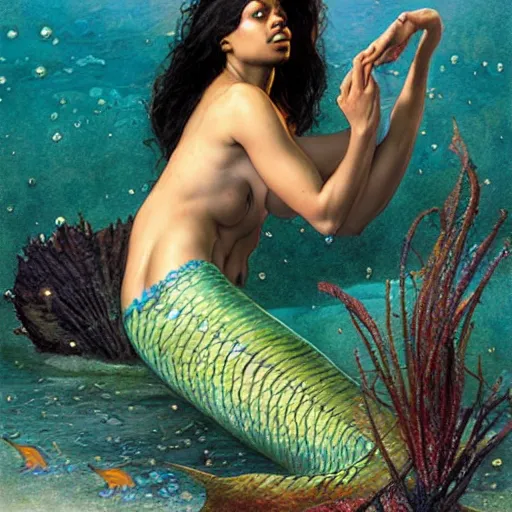 Image similar to jada fire as a beautiful mermaid emerging from the ocean, art by Edgar Maxence and Ross Tran and Michael Whelan