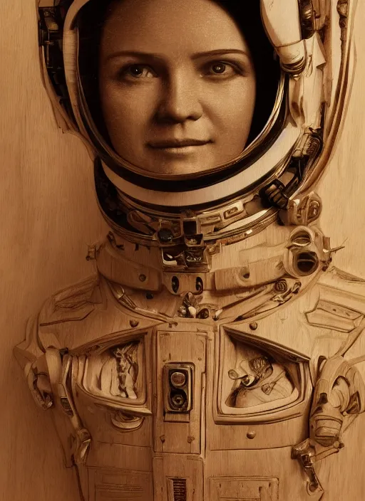 Image similar to high intricate portrait of an astronaut carved from wood in baroque style, studio light, maria panfilova, andrea savchenko, mike kime, ludovic plouffe, qi sheng luo, oliver cook, trending on artstation