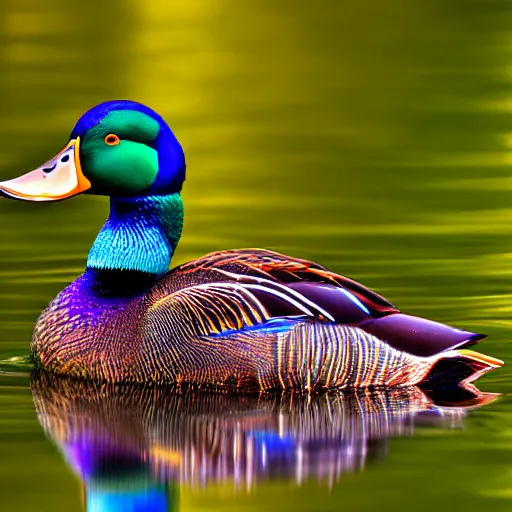 Prompt: a colorful mallard floating on a lake in the foothills of mount saint helens