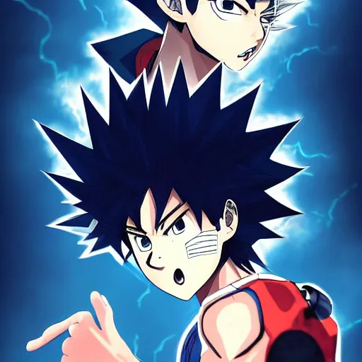 Prompt: boy with spikey hair and thunder powers illustrated by kohei horikoshi, detailed anime, hd, shonen style, with thunderstorms, 8 k, dark colors, detailed face, details, sharp smooth, aykut aydogdu