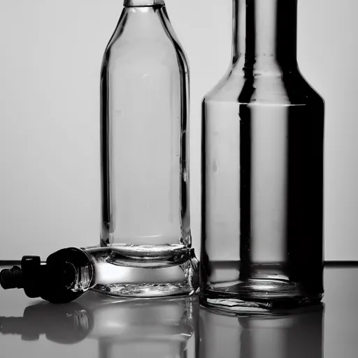 Prompt: award winning photo of one glass vodka bottle inspired by a propane cylinder, studio lighting,Sigma 50mm, ƒ/8, flickr