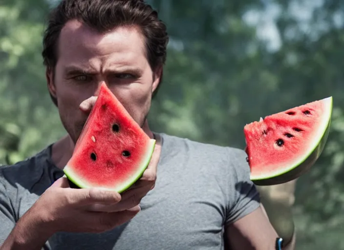 Image similar to film still of a man with a watermelon for a head in the new scifi movie, 4 k