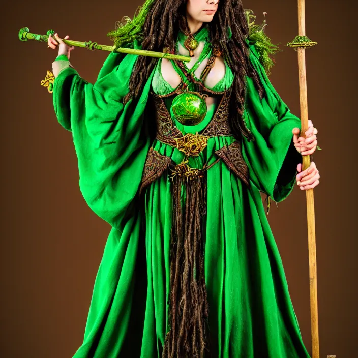 Image similar to photograph of a real-life beautiful earth witch with ornate green robes and staff. Extremely detailed. 8k