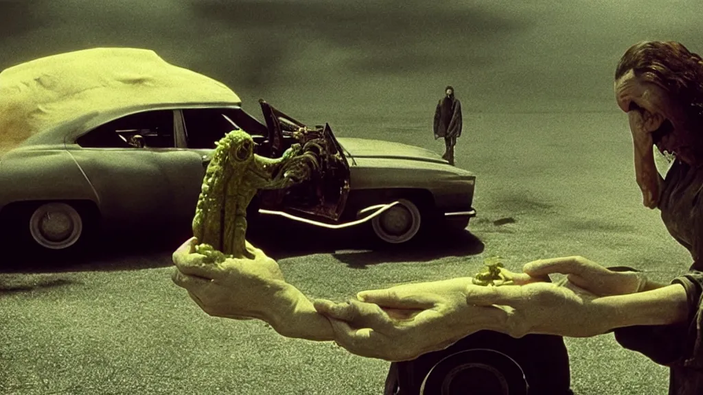 Image similar to the creature sells a used car, made of wax and oil, film still from the movie directed by Denis Villeneuve with art direction by Salvador Dalí, wide lens
