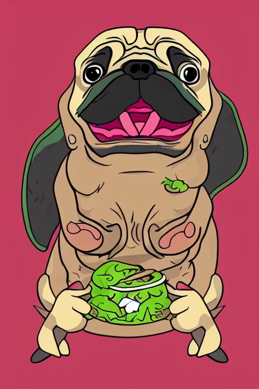 Image similar to demon pug eating flesh. art by samantha mash, sticker, colorful, illustration, highly detailed, simple, smooth and clean vector curves, no jagged lines, vector art, smooth