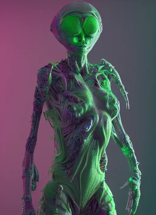 Image similar to alien woman, clothes made out of flower, rgb, cables everywhere, bedroom, ultra realistic, concept art, intricate details, highly detailed, photorealistic, octane render, 8 k