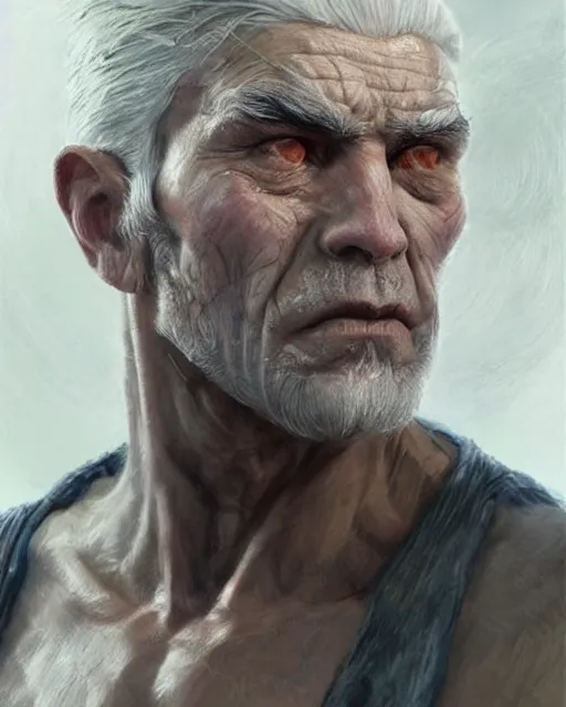 Prompt: old shaved man with white hair with a big scar on his blind left eye, very masculine, square jaw, hard edges, wrath, muscles, ethereal, science fiction, supervilain, fantasy art by greg rutkowski and magali villeneuve and claude monet