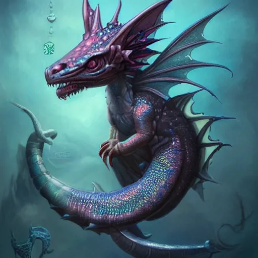 Prompt: a hyperrealistic illustration of a cute and tiny dragon that glows in the dark, dragon baby, glow in the dark, fractal moonlight, little dragon with glowing scales, award - winning, masterpiece, in the style of tom bagshaw, cedric peyravernay, peter mohrbacher