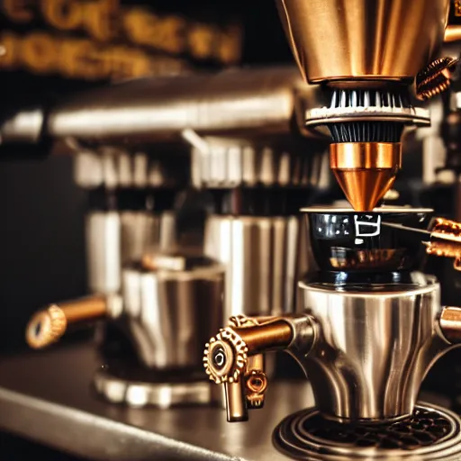 Image similar to dslr photo of a steampunk robotic coffee machine with small gears in a coffee shop,