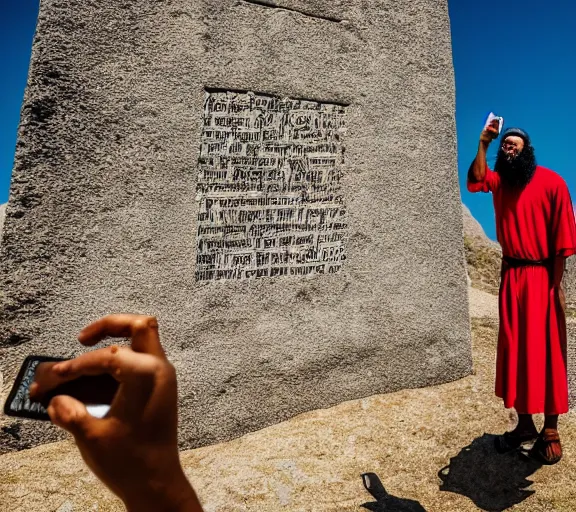 Image similar to biblical moses taking a selfie with the ten commandments on a mountain XF IQ4, 150MP, 50mm, F1.4, ISO 200, 1/160s, natural light