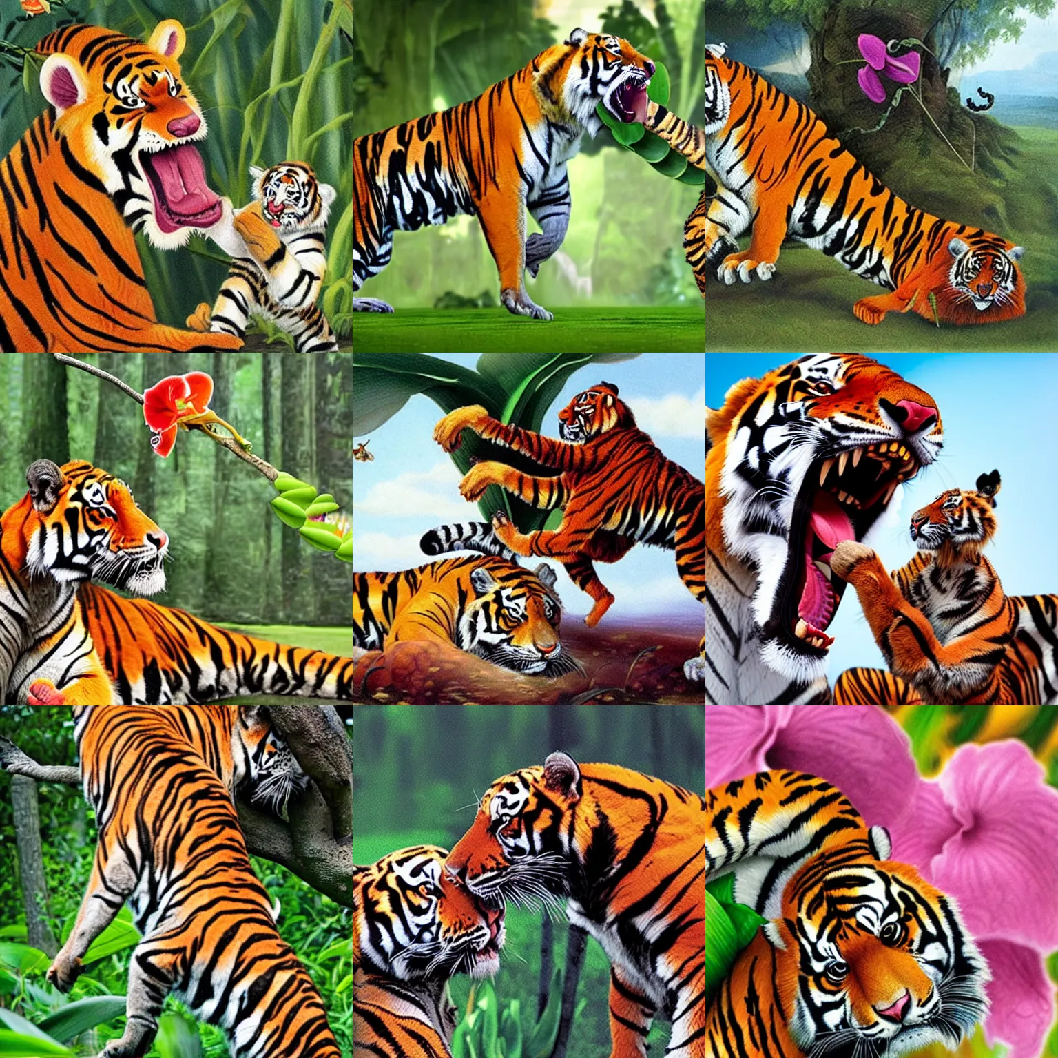 Prompt: giant carnivorous orchid attacking a tiger