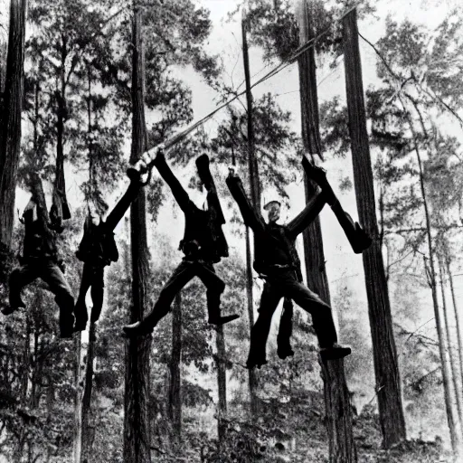 Prompt: wide shot, a squad of executed American Soldiers hanged mid-air on trees, deep in the thick forest, painting, colored, eerie, Lovecraftian, eldritch horror, 1967