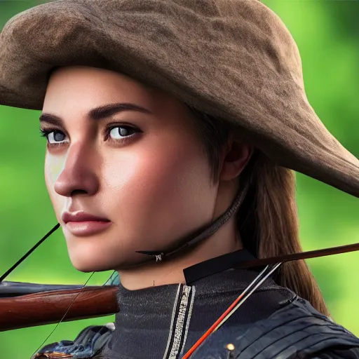 Prompt: photo realistic, consistent and highly detailed face, a attractive woman in archery, hunting - bow, uhd 8 k, highly detailed