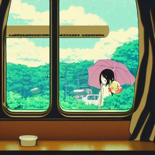 Prompt: girl, train window, rainy day, anime, japan, ghibli, 9 0 s, retro style, aesthetic, chill, room