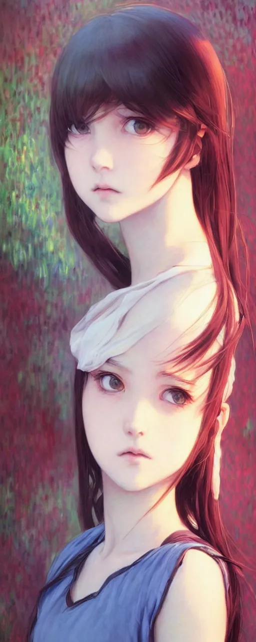 Image similar to a beautiful youth teenage depressed ocd psychotic popular girl in school struggling with morbid thoughts realized, angry eyes, soft skin, magnificent art by ilya kuvshinov, claude monet, range murata, artgerm, norman rockwell, highly detailed intricately sharp focus, bedroom eyes trending on pinterest, tiktok 4 k uhd image