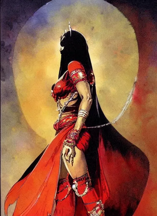 Prompt: female indian vampiress, jeweled veil, strong line, saturated color, beautiful! coherent! by frank frazetta, high contrast