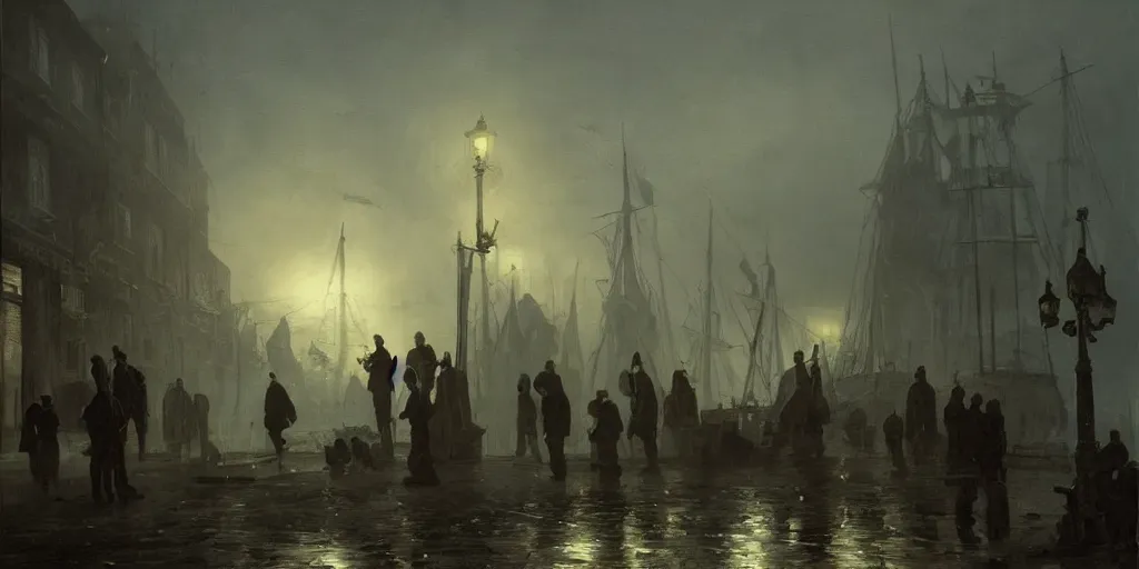 Image similar to streets of innsmouth during the night by the ocean, lovecraftian atmosphere, sailors standing up in front of the house, mutant fishmen walking in the port, mystical fog, oil on canvas, art by andreas achenbach, clemens ascher, tom bagshaw and sabbas apterus,