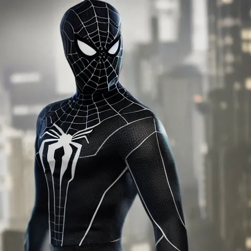 Image similar to black spider - man suit with white web lining, cinematic, volumetric lighting, realistic, hyperdetailed, photorealistic, photograph