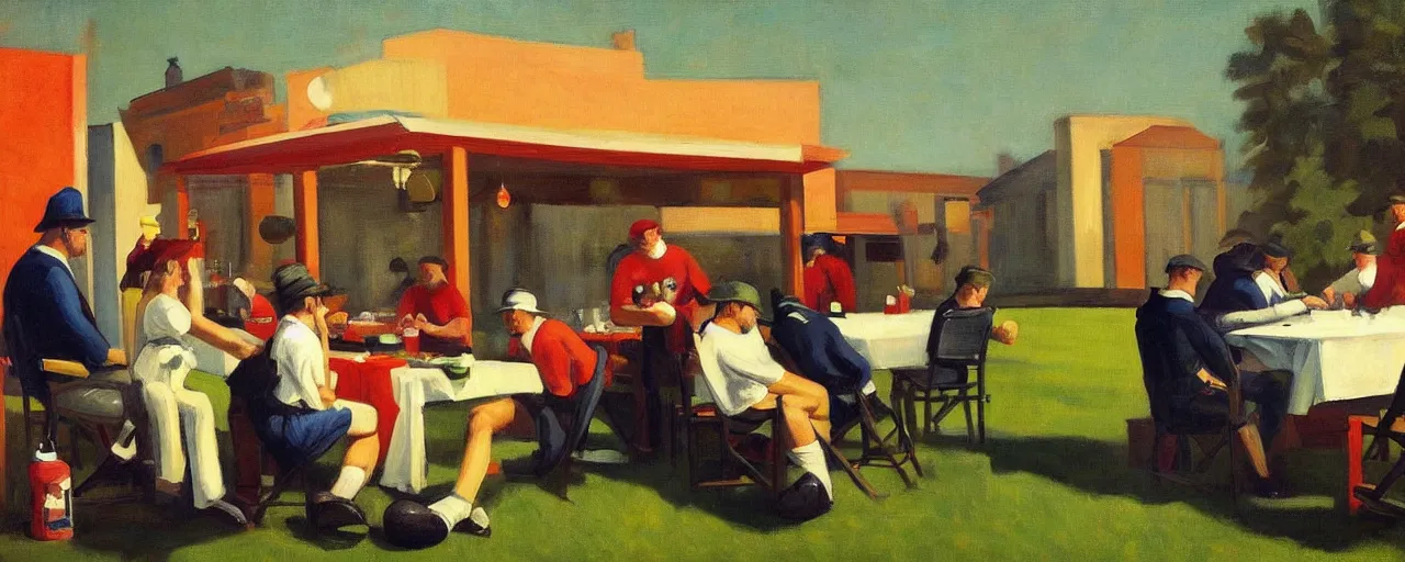 Image similar to an awesome painting of a group of football fans drinking beer and barbequing at a tailgate party, a picture in the style of Edward Hopper