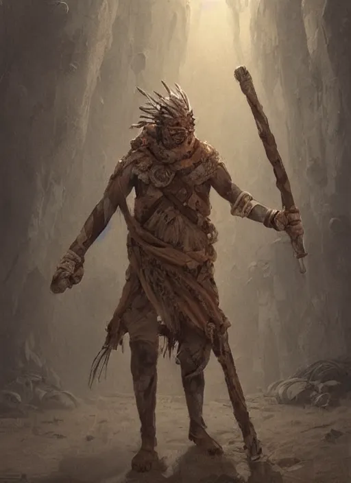 Prompt: an aged desert druid wearing bandages all over his body, full body, covered in bandages, masked, holding a staff, character art, highly detailed, award winning, greg rutkowski