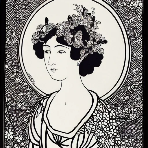 Prompt: highly detailed, sharp focus 4k, highly detailed, sharp focus lithography by Aubrey Beardsley, Portrait of a beautiful woman with flowers in her hair ,