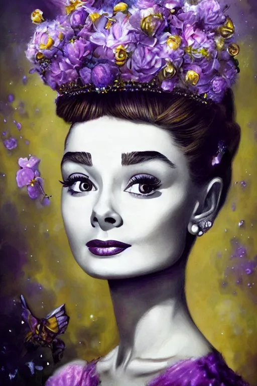 Prompt: closeup portrait fine art photo of the beauty audrey hepburn, perfect eyes, she has a crown of stunning flowers and dress of purple and gold satin and gemstones, background full of stormy clouds, by peter mohrbacher