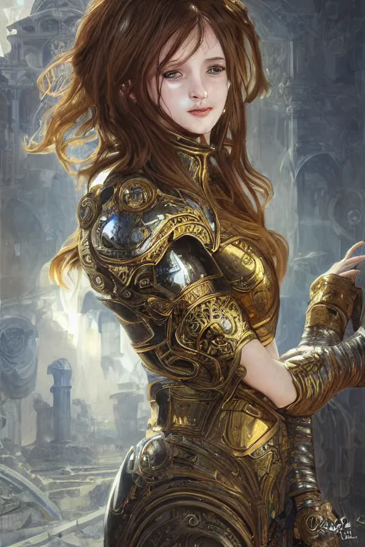 Image similar to portrait knights of Zodiac girl, metallic Silver and ice color reflected armor, in ruined Agora of Athens, ssci-fi, fantasy, intricate, very very beautiful, elegant, golden light, highly detailed, digital painting, artstation, concept art, smooth, sharp focus, illustration, art by WLOP and tian zi and alphonse mucha