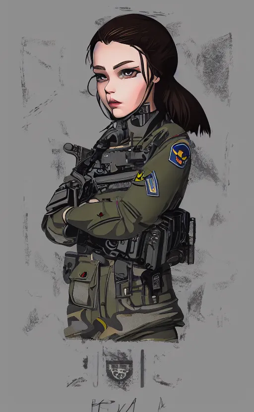 Image similar to patch design, soldier girl, by kuvshinov ilya, concept art, artstation, insignia, soldier clothing, military gear, vector line art