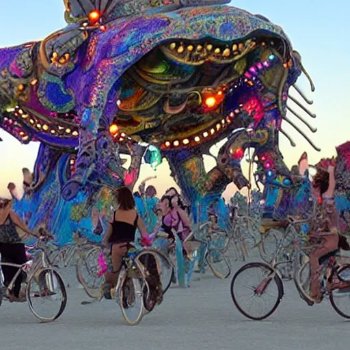 Image similar to aliens dancing on a art car at burningman