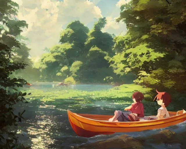 Image similar to a boy and a girl sitting together in a boat on a streams. Trees. By Makoto Shinkai, Stanley Artgerm Lau, WLOP, Rossdraws, James Jean, Andrei Riabovitchev, Marc Simonetti, krenz cushart, Sakimichan, trending on ArtStation, digital art.