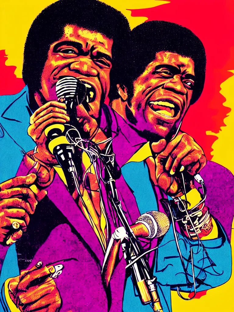 Prompt: psychedelic illustration of james brown holding a microphone, james brown 7 0 ’ s concert poster, highly detailed, colored illustration, “ superbad ”,