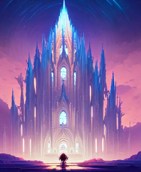 Image similar to simplicity, a small cathedral made out of biological creature forms, in the style of a spaceship, magic spells in the air, by dan mumford, yusuke murata, makoto shinkai, ross tran, cinematic, unreal engine, cel shaded, featured on artstation, pixiv