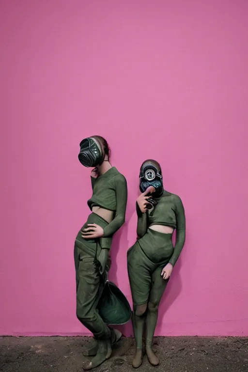 Image similar to a surreal portrait of intertwined and contorted figures wearing gas mask next to a pink wall in the style of brooke didonato, editorial fashion photography from vogue magazine, full shot, nikon d 8 1 0, ƒ / 2. 5, focal length : 8 5. 0 mm, exposure time : 1 / 8 0 0, iso : 2 0 0