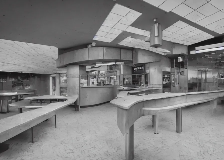 Prompt: brutalist pizza hut, 2 7 mm f / 5,